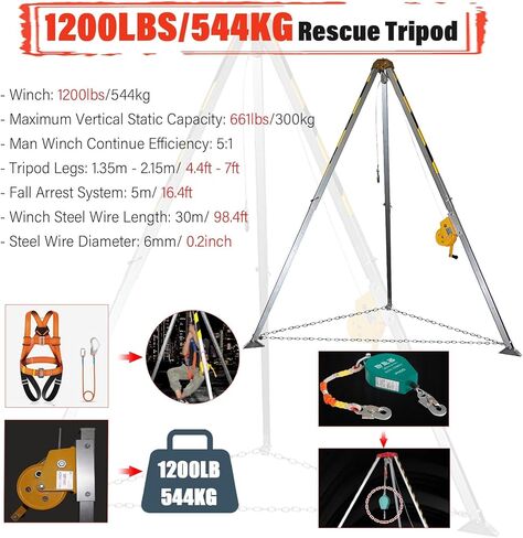 Heavy Duty Confined Space Tripod for Traditional Well Vertical Entry, Aluminum Rescue Tripod Equipment/Manhole Doupot Stabilizer for Hanging Firefighter, with IRO, 1200lbs Winch+Belt in Saudi Arabia