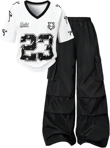 Girl's 2 Piece Summer Outfits Graphic Short Sleeve Jersey Shirts and Cargo Pants Set Streetwear in Saudi Arabia