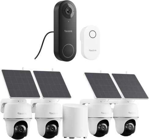 نظام REOLINK لكاميرات الأمان الشمسية اللاسلكية في الهواء الطلق، حزمة صغيرة من Argus PT+Home Hub مع جرس باب فيديو، رؤية ليلية ملونة، اكتشاف ذكي، واي فاي 2.4/5 جيجا هرتز، بدون اشتراكات in Kuwait