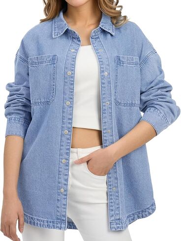 HISEA Denim Shacket for Women, Womens Long Sleeve Jean Shirt with Button, Women's Chambray Oversized Jacket for Fall in Saudi Arabia