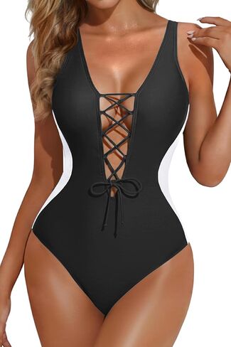 Aqua Eve Womens One Piece Swimsuits Tummy Control- Sexy Slimming Bathing Suit Color Block Lace Up Swimwear 2025 in Saudi Arabia