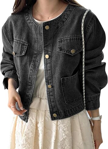 Omoone Women's Denim Jacket Long Sleeve Crop Button Down Collarless Jean Coat with Pocket in Kuwait