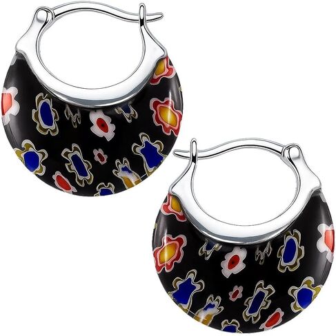Colorful Murano Style Millefiori Glass Hoop Earrings for Women Trendy – Floral Statement Hoops, Stainless Steel Flower Jewelry, 11.6g in Saudi Arabia