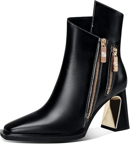 TinaCus Dual Zippers Chic Ankle Boots Women's Square Toe Mid Chunky Heels Genuine Leather Booties in Saudi Arabia