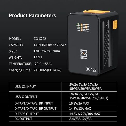 ZGCINE ZG-X222 بطارية V-Mount 222Wh/14.8V، PD3.1 140W USB-C و3 منافذ D-Tap (22V Boost) مع شاشة 1.4 بوصة لكاميرات Sony/Canon/Nikon، والشاشات، وأضواء الفيديو - 2.95 رطل، برتقالي in Kuwait