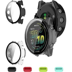 واقي شاشة لحافظة Garmin Forerunner 970 - [شفاف] [3 قطع] + مقابس سيليكون مضادة للغبار [4 قطع]، غطاء حماية من البولي كربونات مع زجاج مقسى مدمج 9H، ملحقات غطاء الوجه in Kuwait