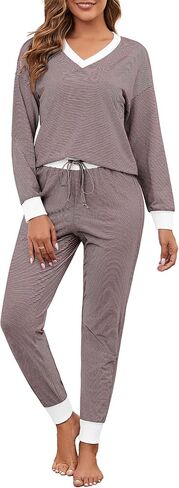 Women Cotton Pajama Sets Soft 2 Piece Lounge Set Stripe Long Sleeve V Neck Pj Set Loungewear Sleepwear with Pockets in Kuwait