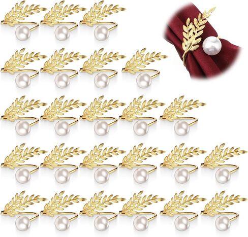 24 Pcs Gold Napkin Rings, Metal Leaf and Pearl Napkin Rings Holders, Elegant Serviette Ring Buckle for Wedding, Thanksgiving, Christmas, and Party Table Decorations in Saudi Arabia