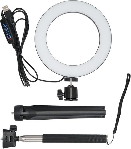 ضوء حلقة LED قابل للحمل، سطوع قابل للتعديل، 3 أوضاع ألوان، ضوء طبيعي أبيض دافئ مع حامل ثلاثي القوائم مرن قابل للسحب لفيديو الماكياج، البث المباشر، أسود، قطر 16 سم in Kuwait