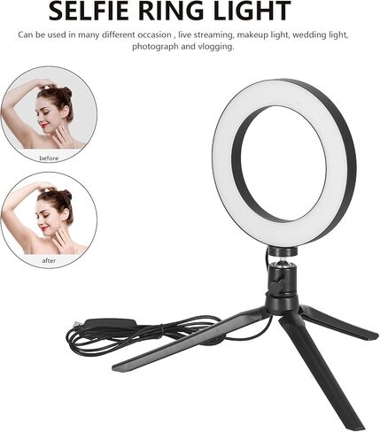 ضوء حلقة LED قابل للحمل، سطوع قابل للتعديل، 3 أوضاع ألوان، ضوء طبيعي أبيض دافئ مع حامل ثلاثي القوائم مرن قابل للسحب لفيديو الماكياج، البث المباشر، أسود، قطر 16 سم in Kuwait