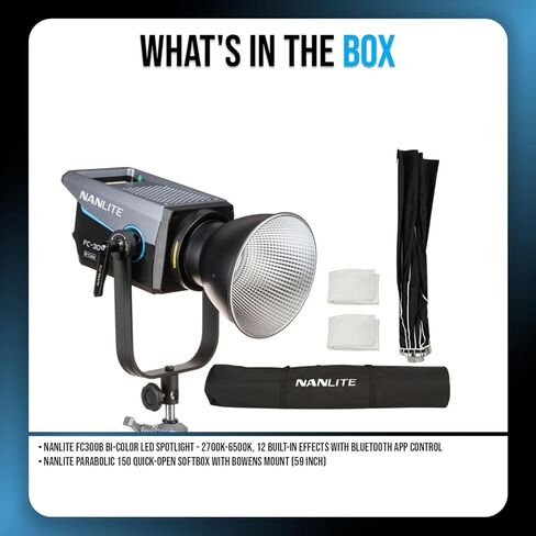 مصباح كشاف LED ثنائي اللون من Nanlite FC300B 2700K-6500K مع 12 تأثيرًا مدمجًا وNanlite Parabolic 150 Softbox سريع الفتح مع حامل بوينز (عنصران) in Kuwait