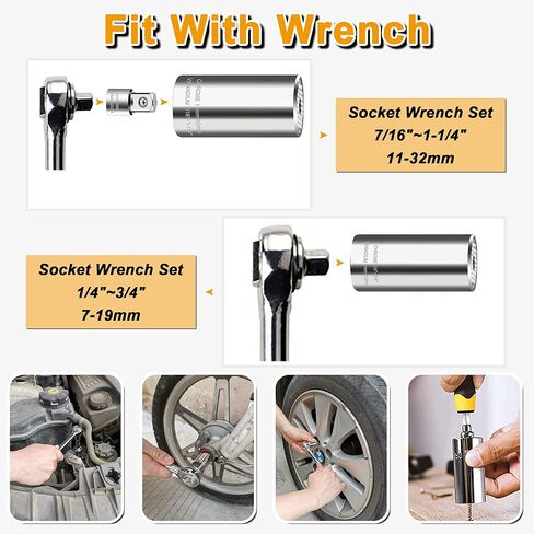Universal Socket Wrench Set (11-32mm 7-19mm),super socket unscrew any bolt,Professional Sockets Tools with Power Drill & 3/8 inch Ratchet Wrench Adapter Chrome Vanadium Steel in Saudi Arabia