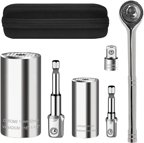 مجموعة مفاتيح مقبس عالمية (11-32 مم 7-19 مم)، مقبس فائق لفك أي مسمار، أدوات مقابس احترافية مع مثقاب كهربائي ومحول مفتاح ربط بسقاطة 3/8 بوصة فولاذ كروم فاناديوم in Kuwait