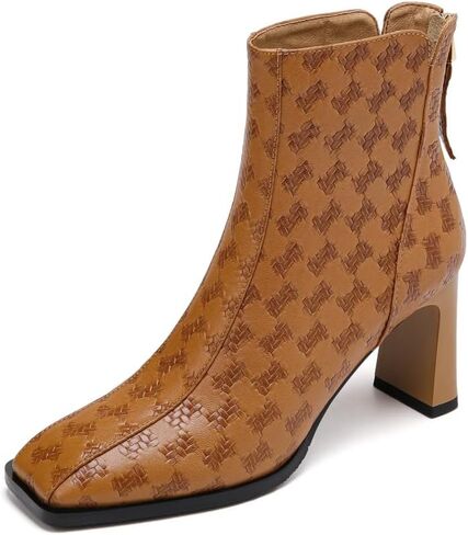 TinaCus Embossed Genuine Leather Women's Square Toe Handmade Block Heels Zip Up Ankle Boots in Saudi Arabia