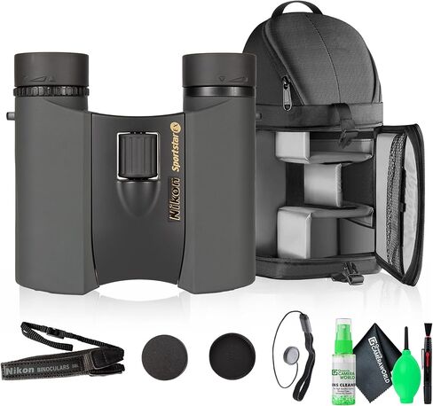 منظار Nikon 8x25 DCF Sportsstar EX المقاوم للماء، تصميم مدمج خفيف الوزن مع بصريات متعددة الطبقات للسفر والمشي لمسافات طويلة ومشاهدة الطيور والمزيد + حقيبة ظهر بحزام + حافظة للقبعات (مجموعة مكونة من 10 قطع) in Saudi Arabia