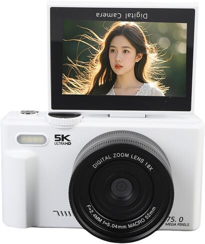 كاميرا رقمية، كاميرا فيديو واي فاي بدقة 5K 75 ميجابكسل UHD مع شاشة قلاب 3 في 180 درجة، تكبير رقمي 18x، ملء الضوء، كاميرات التصوير الفوتوغرافي المحمولة ذات التركيز التلقائي (أسود) in Kuwait