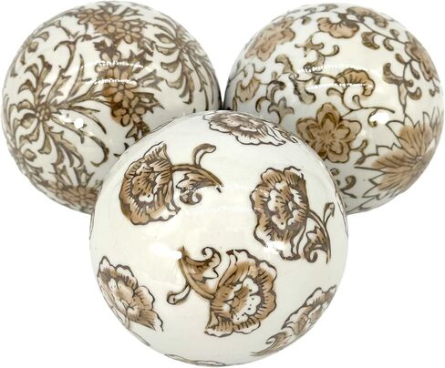 Galt International 4" Diameter Blue & White Floral Chinoiserie Ceramic Ball (Set of 3) Style 2 | Decorative Ball Vase Bowl Filler in Kuwait