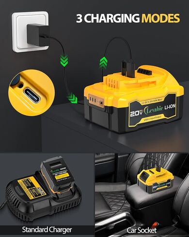 【شحن سريع USB-C】 استبدال بطارية Dewalt 20V Max مع منفذ إدخال/إخراج من النوع C شحن سريع 65 وات، متوافق مع بطارية Dewalt 20V DCB180 DCB181 DCB200 DCB203 DCB204 DCB205 DCB206 in Kuwait