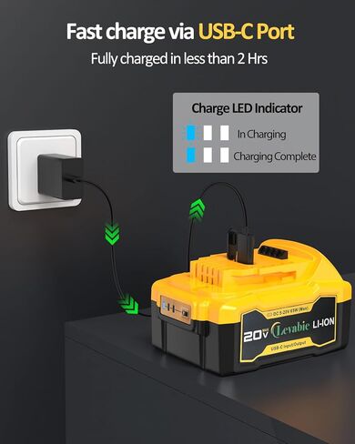 【شحن سريع USB-C】 استبدال بطارية Dewalt 20V Max مع منفذ إدخال/إخراج من النوع C شحن سريع 65 وات، متوافق مع بطارية Dewalt 20V DCB180 DCB181 DCB200 DCB203 DCB204 DCB205 DCB206 in Kuwait