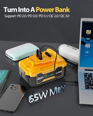 【شحن سريع USB-C】 استبدال بطارية Dewalt 20V Max مع منفذ إدخال/إخراج من النوع C شحن سريع 65 وات، متوافق مع بطارية Dewalt 20V DCB180 DCB181 DCB200 DCB203 DCB204 DCB205 DCB206 in Kuwait