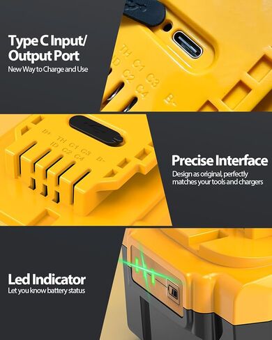 【شحن سريع USB-C】 استبدال بطارية Dewalt 20V Max مع منفذ إدخال/إخراج من النوع C شحن سريع 65 وات، متوافق مع بطارية Dewalt 20V DCB180 DCB181 DCB200 DCB203 DCB204 DCB205 DCB206 in Kuwait
