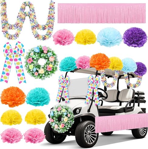 16 Pcs Fall Golf Cart Decorations Autumn Thanksgiving Party Decorations Festival Bowties Fall Wreath Tinsel Garland Fringe Tissue Paper Flowers for Golf Cart Party Supplies Decor in Saudi Arabia