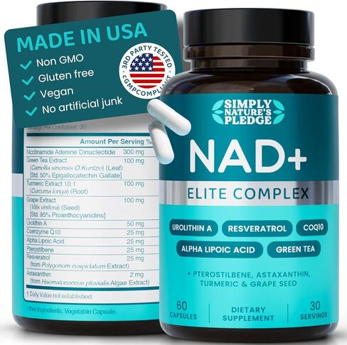 NAD+ Elite Complex-Direct NAD+ 300 mg مع urolithin A ، Resveratrol ، CoQ10 ومزيج مضادات الأكسدة-الطاقة الخلوية ، دعم الميتوكوندريا والشيخوخة الصحية-نباتي ، غير GMO ، 60 كبسولات (30 جربًا) in Saudi Arabia