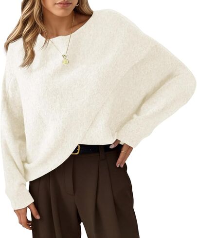 Saodimallsu Womens Oversized Batwing Sweaters Long Sleeve Crew Neck Poncho Slouchy Knit Asymmetrical Pullover Tops White in Saudi Arabia