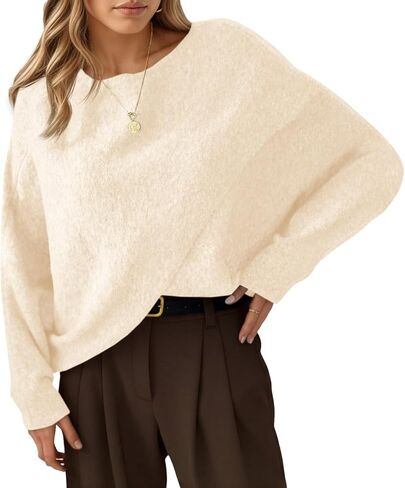 Saodimallsu Womens Oversized Batwing Sweaters Long Sleeve Crew Neck Poncho Slouchy Knit Asymmetrical Pullover Tops White in Kuwait