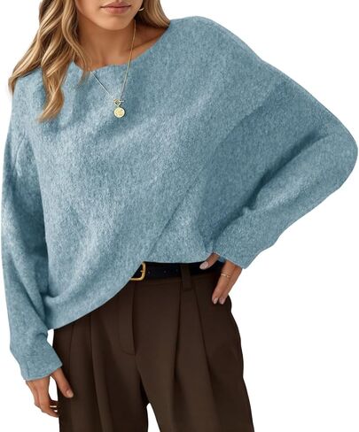 Saodimallsu Womens Oversized Batwing Sweaters Long Sleeve Crew Neck Poncho Slouchy Knit Asymmetrical Pullover Tops White in Kuwait
