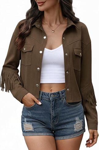 Women's Fringe Faux Suede Jacket Cropped Collar Drop Shoulder Long Sleeve Snap Button Jackets with Flap Pockets in Kuwait