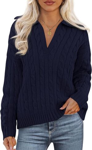 PRETTYGARDEN Fall Cable Knit Sweaters for Women 2025 Long Sleeve Loose Chunky Polo V Neck Sweater Casual Pullover Jumper Tops in Saudi Arabia
