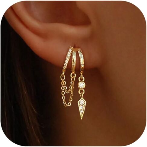 Dangle Earrings For Women, Dainty Gold Drop Statement Earrings 14K Gold Plated Long Huggie Earrings for Women Trendy Hypoallergenic Dangly Earrings Small Triple Hoops Earrings Fashion Jewelry in Kuwait