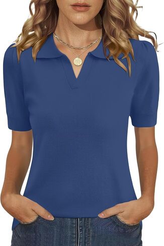 LOMON Womens Puff Short Sleeve Polo Sweater V Neck Knitted Tops Casual Ribbed Shirt Pullover Blouse in Saudi Arabia
