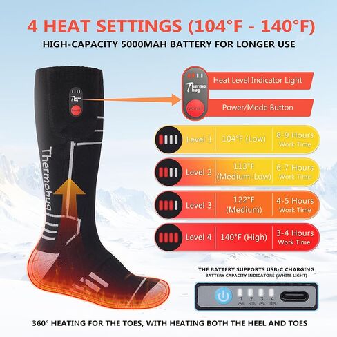 Merino Wool Heated Socks – Rechargeable 5000mAh*2 Battery,for Men Or Women,Washable Electric Socks with 4 Heating Levels for Winter,Skiing,Hunting,Camping,Hiking,Cycling,Outdoor Work in Kuwait