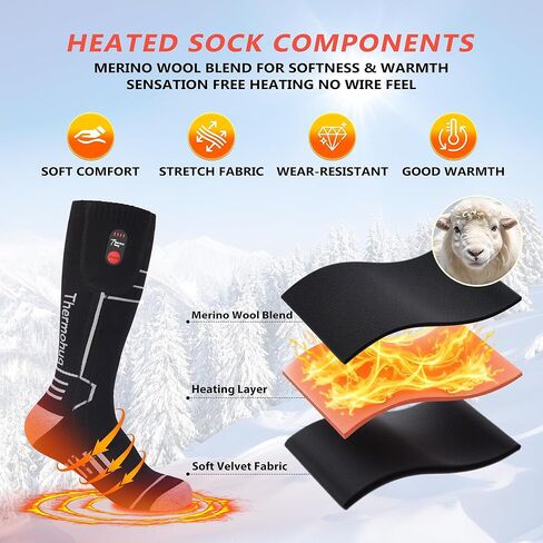 Merino Wool Heated Socks – Rechargeable 5000mAh*2 Battery,for Men Or Women,Washable Electric Socks with 4 Heating Levels for Winter,Skiing,Hunting,Camping,Hiking,Cycling,Outdoor Work in Kuwait