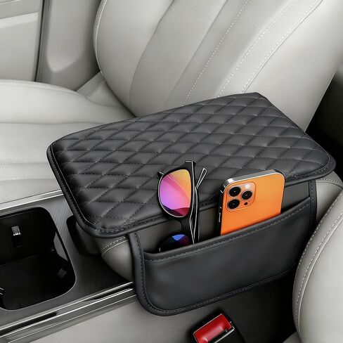 Upgraded Car Center Console Cover, Leather Armrest Cushion Pad with 2 Storage Bags, Microfiber Soft Waterproof Seat Box Cover Protector, Cars Interior Decor Accessories Fit for Most Vehicles in Saudi Arabia