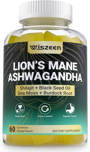 Ashwagandha Lions Mane Gummies ، Ashwagandha Lion's Mane مكملات مع Shilajit ، Sea Moss ، زيت البذور الأسود للبالغين - الطاقة ، المعرفية والمناعية in Kuwait