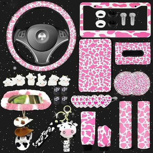 29 PCS Cow Pattern Car Accessories,Including Dashboard Decoration,Rearview Mirror Decoration,Etc,Suitable for Sedans,SUVS and Other Models,Cute Car Interior Sets Suitable for Women (Black) in Kuwait