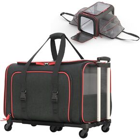 Katziela Rolling Rover Airline Compliant Expandable Premium Pet Carrier 6-Wheeled Baseboard Telescopic Handle Two-Sided Expandable Rolling Carrier Designed (Blue- White Piping)