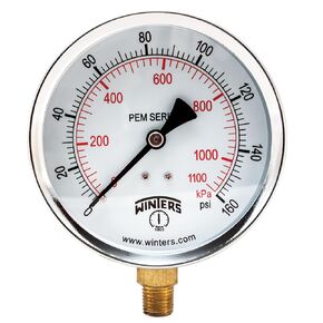 Winters 4 inch Dial Size, Multi Function Economy Utility Dry Pressure Gauge, Brass Internals, Steel Case, Dual Scale 0-160 psi/kPa, 3-2-3% Accuracy, 1/4 inch NPT Bottom, Glass Lens, Pressure Gauge