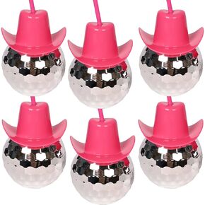 Huaerle 6 Pcs Disco Ball Cups - Disco Cowgirl Ball Cups with Straw Western Party Supplies Disco Ball Cowboy Hat Cups for 70s Disco/Cowgirl Themed Party Supplies (Pink)