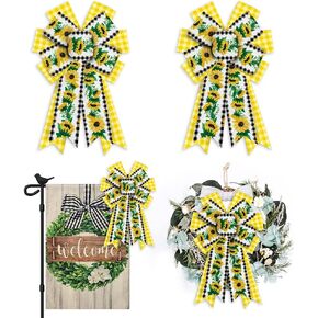 ABTOLS 2PCS Daisy Wreath Bows, Black White Buffalo Plaid Bows for Wreath Yellow Floral Wreath Bows Spring Sunflower Decorative Bows for Front Door Summer Burlap Tree Bows for Indoor Outdoor Decor