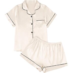 LILLUSORY Womens Silk Satin Pajamas Set 2 Piece Sleepwear Short Sleeve Button Down Shirt Shorts Set
