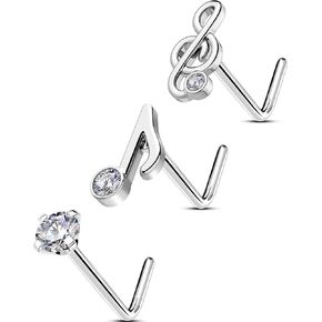 OUFER 3PCS Nose Studs, 316L Surgical Steel 20G Nose Rings L-shaped, Shining CZ Phonogram Element Nose Nostril Piercing Jewelry for Women and Men