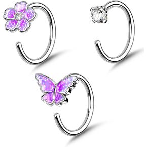 Meiighting 3Pcs Pink Butterfly Nose Rings 20G Flower Nose Studs Surgical Steel 316L Clear CZ Nose Piercing Jewelry C Shaped For Women 8mm Spring Piercing Jewerly