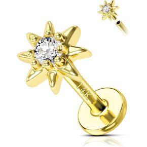 COCHARM 14K Real Gold Helix Cartilage Conch Earring Stud 16g Flat Back Sun Helix Cartilage Conch Tragus Piercing 16g Yellow Gold Internally Threaded Star Tragus Stud Jewelry