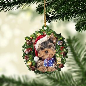 Talataca Yorkshire Terrier 2D Flat Christmas Ornament, Yorkie Red Pickup Truck Pine Tree Decor, Hanging House Charm Eve Keepsake, Car Rear View Mirror Accessories, Xmas Gift