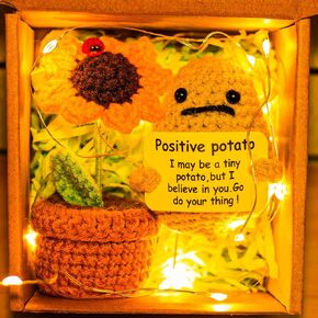 Positive Potato and Sunflowers, Handmade Crochet Gift Set, Knitting Wool Doll, Mini