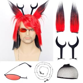 WeKen Short Red and Black Wig Set with Detachable Ear Clips for Alastor Cosplay (Includes Red Monocle + Glasses Chain+Devil Horns)